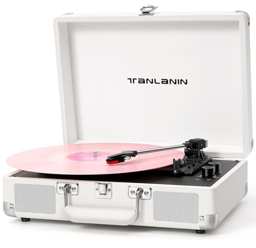 Record Player with Built-in Stereo Speakers 3-Speed Bluetooth Portable Suitcase Vinyl Record Player Treble & Bass Gain Belt Drive Vintage Turntable AUX Line-in/Out, White