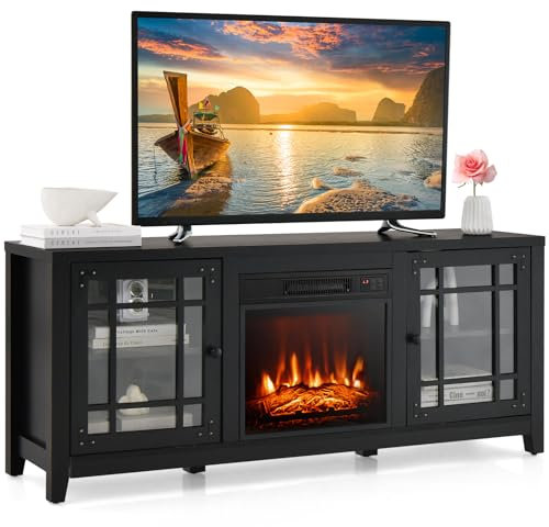 TV Console with Fireplace, Fireplace TV Stand for TVs up to 65 Inches with Remote Control, Adjustable Shelves, 1400W Electric Fireplace with Vivid 3D Flame Effects (Black)