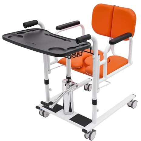 Fridgestea Silla elevadora de pacientes hidráulica con silla de inodoro, ruedas con frenos, asiento dividido en 180°, altura regulable, hasta 150 kg (naranja)