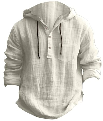 Dmmtot Camisas de lino de manga larga con capucha para hombre, diseño de cordón y bolsillos, sin botones, ligeras, transpirables, suaves, elegantes, de color liso, ropa de playa, ropa masculina,