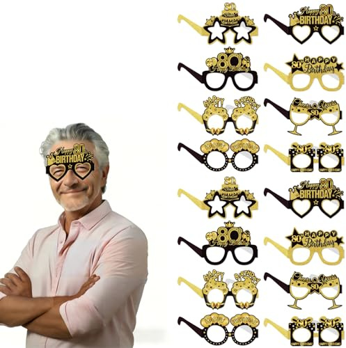 FANOST 24 Pieces 80th Birthday Decorations for Men/Women, Black and Gold 80th Birthday Paper Eyeglasses Photo Booth Props for Her Him