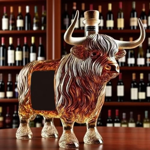 YDZYFFS 300 ml whiskykaraff vinflaskor konststaty statyett – 3D Highland Cow Whisky vinflaska, nyhet glas whiskykaraff, kreativt djur jak-tema sprit förvaringsbehållare