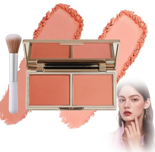 Powder Blush Palette, 2 Warm Peach And Coral Shades, Gold Compact | Matte And Shimmer Finishes, Integrated Mirror, Dual-Ended Blusher Brush, For Daily Cheek Make-Up At Home Or While Travelling