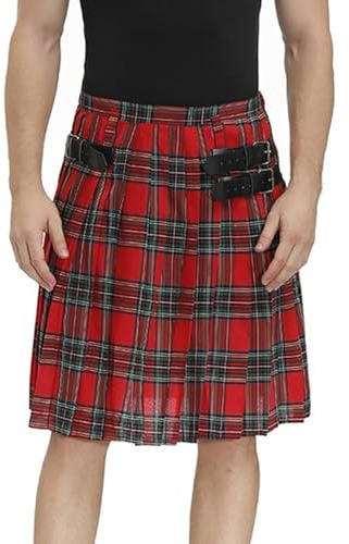 Falda escocesa para hombre corta holgada cómoda falda plisada clásica tradicional escocesa falda escocesa gótica falda escocesa punk fiesta medieval falda falda escocesa clásica, O rojo., L
