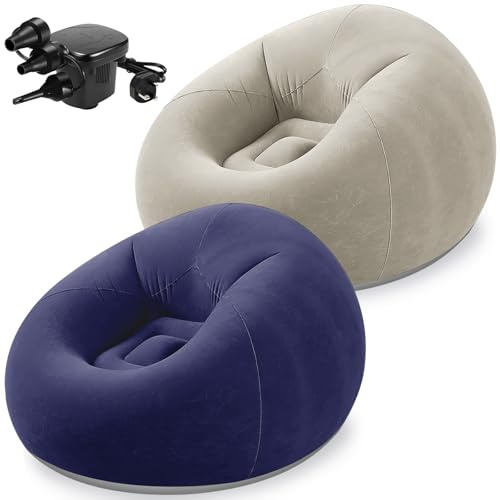 OJMHD 2 Pcs Inflatable Bean Bag Chairs for Camping, Blow up Chair for Adults, Foldable Lazy Sofa Couch with Electric Air Pump for Reading Living Room Bedroom Gaming Outdoors, Brown & Purple
