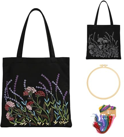 JYYWTSI Kit Ricamo Adulti, Tote Bag da Ricamare, Borsa in Tela Kit Ricamo per Principianti, Kit Punto Croce Embroidery Kit, Borsa con Motivo Floreale, Set Ricamo con Telaio, Aghi, Fili e Istruzioni