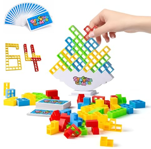 GALAXY GLOW Stacking Game 64PCS Balance Tower Blocks Game for Kids & Adults, Tetra Balance Board Family Party Tabletop Game, 2+ Player Stacking Building Blocks Toy for Home Travel