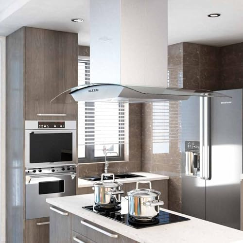 Homgoday Cappa Aspirante Isola 90cm, 756 m3/h, 3 Velocit¨¤, LED, Acciaio Inox, Vetro Temperato, Filtri Lavabili, per Cucine Moderne, Installazione a Isola o Controsoffitto