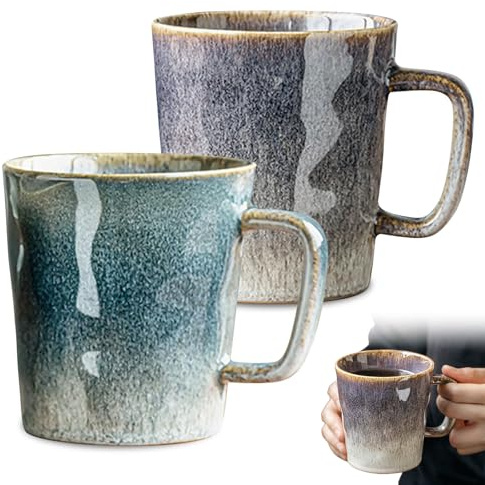 Juego de 2 tazas de café de 400 ml, juego de 2 tazas de café de cerámica, juego de tazas de capuchino, taza de té retro con asa, para café, latte, té, apto para lavavajillas y microondas
