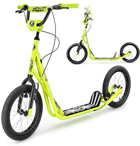 HyperMotion Runkie Monopattino Urbano 16 Pollici Ruote Pneumatiche, Manubrio Regolabile, Doppio Freno Manuale, per Bambini da 8 Anni, Ragazzi e Adulti, Giallo