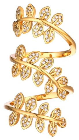 U7 Gold Statement Rings for Women,Adjustable Gold Leaf Ring Full Finger Ring,Dainty Cocktail Rings for Women