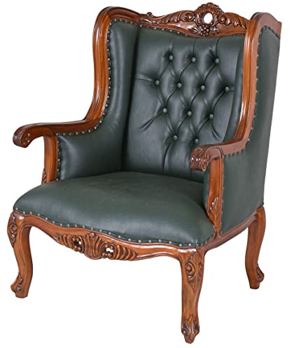 Fauteuil oreilles Chesterfield à mâchoires en acajou avec accoudoirs en cuir vert bois mar105 Palazzo Exclusif
