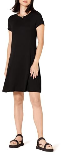 Amazon Essentials Vestido con Vuelo de Manga Corta y Cuello Redondo y Amplio (Disponible en Tallas Grandes) Mujer, Negro, S