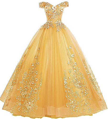 Xinaier Schulterfrei Abendkleider Tüll Prinzessin Lange Party Ballkleider Quinceanera Kleider Gold Größe 36