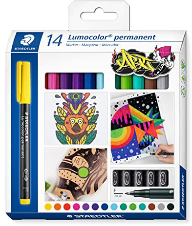 STAEDTLER permanent Marker Lumocolor permanent ART, für fast alle Oberflächen, wisch- und wasserfest, F-Spitze Linienbreite 0,6 mm, nachfüllbar, 14 Universalstifte in sortierten Farben, 318 C14