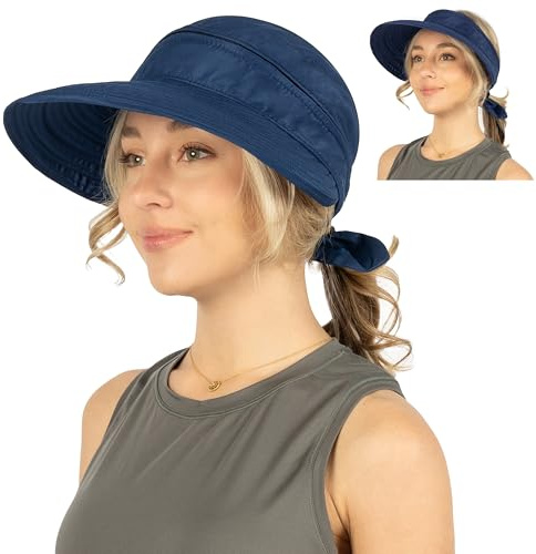 SUN CUBE Women Sun Hat for Outdoor UV Protection, Wide Brim Sun Hat Ponytail, Convertible Zip-Off Beach Hat Visor for Golf Gardening Pool Travel, Foldable Summer UPF50+ Visor Hat, Navy