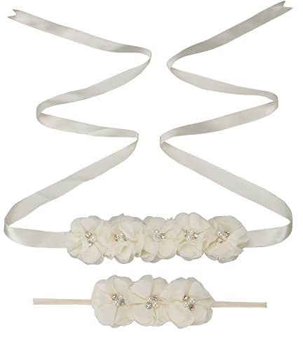 Duories Set di cinture da sposa da donna, con strass e perle, per fotografia, adatta per neonati, donne incinte, bambini, feste di compleanno, bianco latte