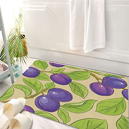 Badematte rutschfeste Badezimmermatte Super saugfähiges Wasser,Zweige sich wiederholende blaue violette Pflaumen und Blätter Sommerfrucht frische ,einfach zu reinigen und zu trocknen Badezimmermatten