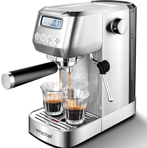 AMZCHEF 20 Bar Espresso Coffee Machines with LCD Panel and Steam Milk Frother, Compact Cappuccino and Latte Machine, All In One Coffee Machine for Home Use with 1.3L Removable Water Tank, 2 Filters