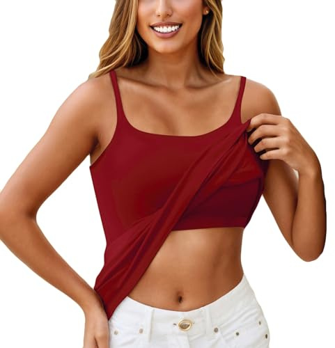 KONG JIMFAN Damen Unterhemd Mit Integriertem BH - Spaghettiträger Top Mit Polster - Ohne Bügel Unterwäsche Set - Sportbekleidung (Wein, S)
