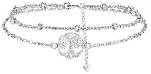 Hifeeled Pulsera Árbol de la Vida Plata 925 Para Mujer Doble Cadena,Regalos Originales Para Mujers Amigo - Ajustable（16cm+4）