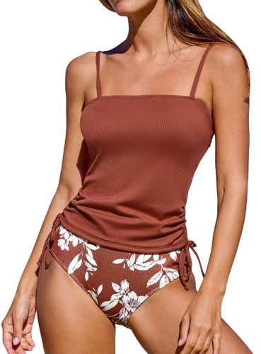 CUPSHE Tankini 2 pezzi da donna - Costume da bagno arricciato con coulisse e slip a vita alta costoluto, XL
