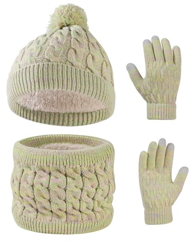 Waylipun Cappello Invernale per Bambini Guanti Sciarpa Set, 3 in 1 Inverno in Cappello a Maglia Termica Sciarpa Guanti Set, per Ragazzi e Ragazze di età 3-10 anni (Verde Mix)