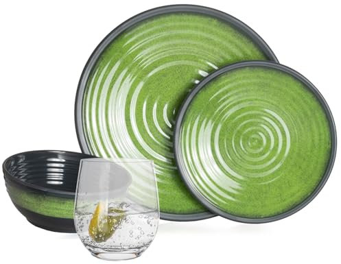Vaisselle de camping en mélamine pour 4 personnes - Vert pierre + 4 verres à eau Timo - Vaisselle de table - Pour pique-nique et barbecue