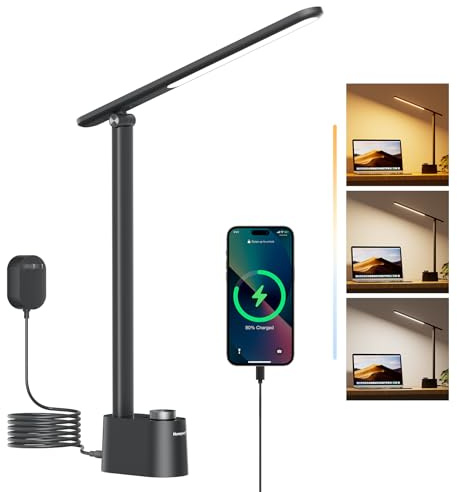 Honeywell LED Desk Lamp, Sunturalux™ Black Desk Lamps for Home Office USB | Foldable LED desk lamp with USB-C/A charger, RG0 eye-safe, CRI95, stepless dimming 10%-100%, 3 color temps (3000K-5000K)