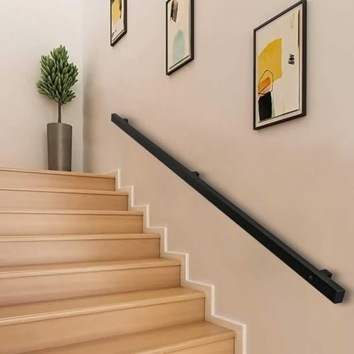 Kit de escalera industrial de hierro forjado – 1 m a 4 m, barra de seguridad montada en la pared para escalones de interior/exterior, barandilla negra moderna para mayor estabilidad y apoyo