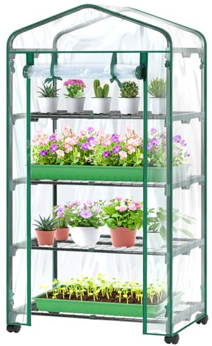 Ohuhu Gewächshaus klein Premium Foliengewächshaus mit Verriegelungsräder, Folien Treibhaus mit 4 Regalen Anzuchthaus Treibhaus Platzsparend Frühbeet für Balkon Garten 69x48x162 cm Transparent