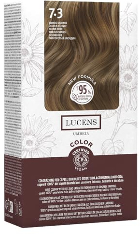 Lucens Umbria - 7.3 Biondo Dorato, Tinta per Capelli Senza Ammoniaca, Kit Colorazione Permanente Vegan con Estratti Naturali, Azione Lenitiva, Idratante e Protettiva