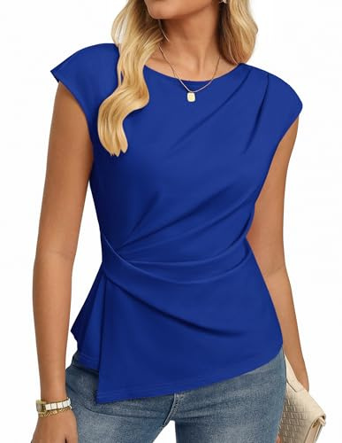 GRACE KARIN Women's Summer Tops Short Sleeve Crew Neck Casual Tunic Blouses Ruched Work Shirt Royal Blue M