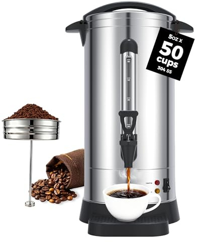 OSTBA 950W Commercial Coffee Urn 50 Cup / 8.3L 304 Stainless Steel Percolator Coffee Pot, Double-Wall Hot Water Dispenser Electric Coffee Maker Fast Brewing for Home, Office, Catering & Small Events
