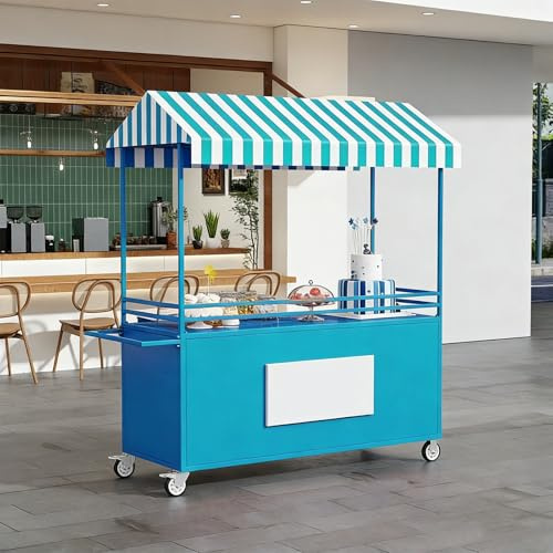 HARELA Carrito de Comida Callejero Carro de Venta Ambulante con toldo, Puestos ambulantes portátiles para Perritos Calientes/Salchichas/Pan, para ferias y promociones corporativas(Blue,140cm/55.1in)
