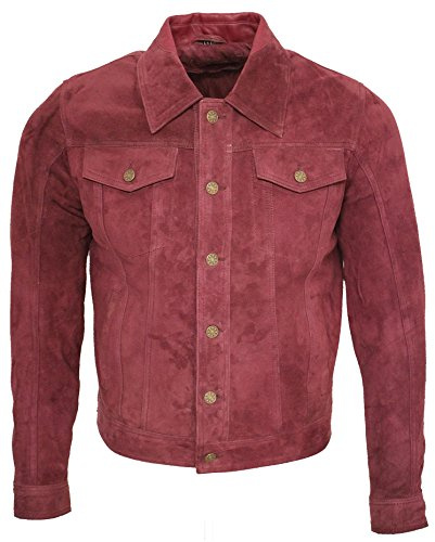 Infinity Camionero de Hombres Borgoña Casuales Jeans Camisa de Cuero Gamuza de Cabra Jacke S