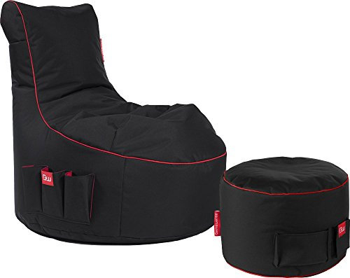 Gamewarez Crimson Thunder 2.0 Bundle – Set aus Gaming-Hocker und Gaming-Sitzsack, mit Seitentasche & Headset-Halter, Made in Germany, schwarz-rot