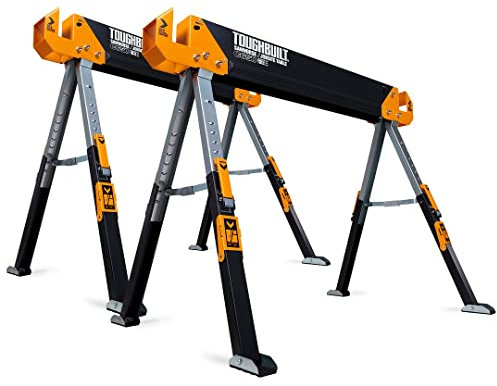 ToughBuilt - Folding Sawhorse/Jobsite Table - Sturdy, Durable, Lightweight, Heavy-Duty, 100% High Grade Steel, 1300lb Capacity, Pivoting Feet, Adjustable Height Legs - (TB-C650-2-UK) 2-Pack