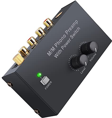 Préampli Phono LiNKFOR Mini Préamplificateur Audio Stéréo Métal Faible Bruit avec Interrupteur d'alimentation,Contrôle du Volume,Entrée RCA,Sortie RCA et 1/4 TRS,Adaptateur Secteur Certifié DC 12V