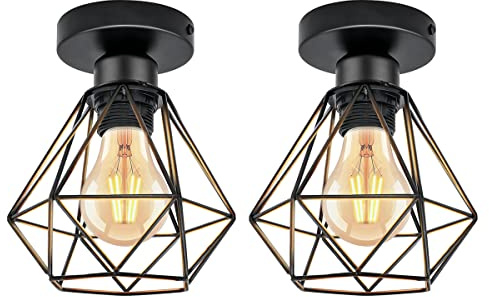URing Lámparas de Techo Lámparas Colgante Vintage, Industrial Metal Iluminación de Techo E27 en Estilo Jaula Geométrica Para Sala de Estar, Cocina, Dormitorio, Pasillo, Patio, Ø 16cm, Negro, 2 Piezas