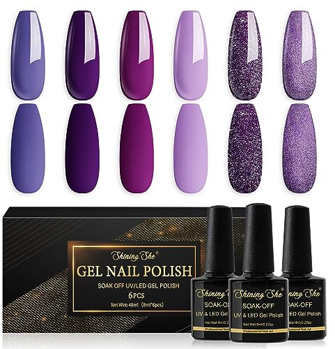 Shining She Nail Polishes Set, 6 Colours Purple Wisteria Rose Purple Polish Set Soak-Off UV/LED Blue Series Nail Polish Gel for Nail Art Salon DIY Home, 8ML