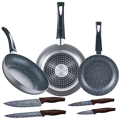 San Ignacio Set 3pc sarten (16+20+24cm) aluminio prensado, inducción, negra Soul Marble con Set 4pc cuchillos acero inoxidable