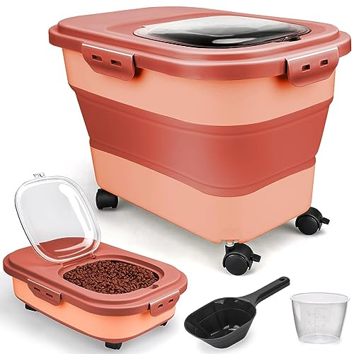Viretec Dog Food Storage Container, 10-20Lbs Collapsible Pet Food Storage Containers with Rolling Wheel Airtight Locking Lid, Dry Food Storage Bin with Cup and Scoop,Suitable for Pet Food, Rice, Flour