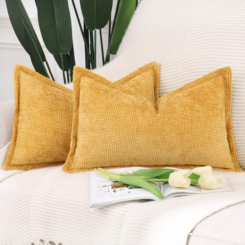 Madizz 2er Set Chenille Samt mit Rand Kissenbezüge Weiche Dekorativ Zierkissenbezüge Modern Kissenhülle für Sofa Wohnzimmer Schlafzimmer Gelb 40x60 cm