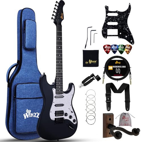 Winzz Erwachsene E-Gitarre 4/4 Größe, ST HSS Tonabnehmer, für Anfänger Starter Paket mit 12 Zubehör, Ideal Kinder E-Gitarre Kit 12+ Jahre (39 Matte Schwarz, Weißes Schlagbrett)
