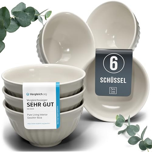 Set de 6 Bols à Céréales en Grès – Design HYGGE Scandi - Résistants au Lave-Vaisselle et au Micro-ondes - Bols Petit avec Design Rainuré - Pure Living en brun clair
