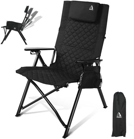 ARURU Campingstuhl Stuhl,Gartenstuhl Hochlehner Rückenverstellbar 4 Positionen Klappstühle Handlauf aus Holz Gepolstert mit Seitentasche Angelstuhl Outdoor Für Camp Garten Balkon (Schwarz)