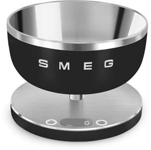 Smeg, Bilancia da Cucina Digitale KSC01BLMWW, Ciotola in Acciao Inox Removibile, Quattro Unità di Misura g/ml e lb.oz/fl.oz, con Funzione Tara, Portata Massima 5kg, Nero