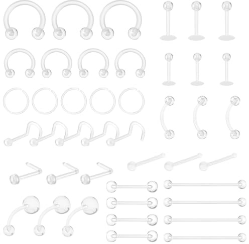 Tucnoeu Set de 48 piercings en plastique transparent anneau de nez clou de nez anneau de lèvre septum sourcil langue piercing industriel pour kit de bijoux chirurgicaux