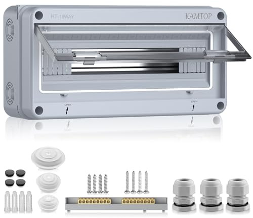 Kamtop Caja de Distribución Eléctrica 18 Módulos IP65 con Tapa Transparente, Rail Pretaladrado PG13.5 y Junta de Silicona para Interruptores y Tomas – Uso Interior/Exterior